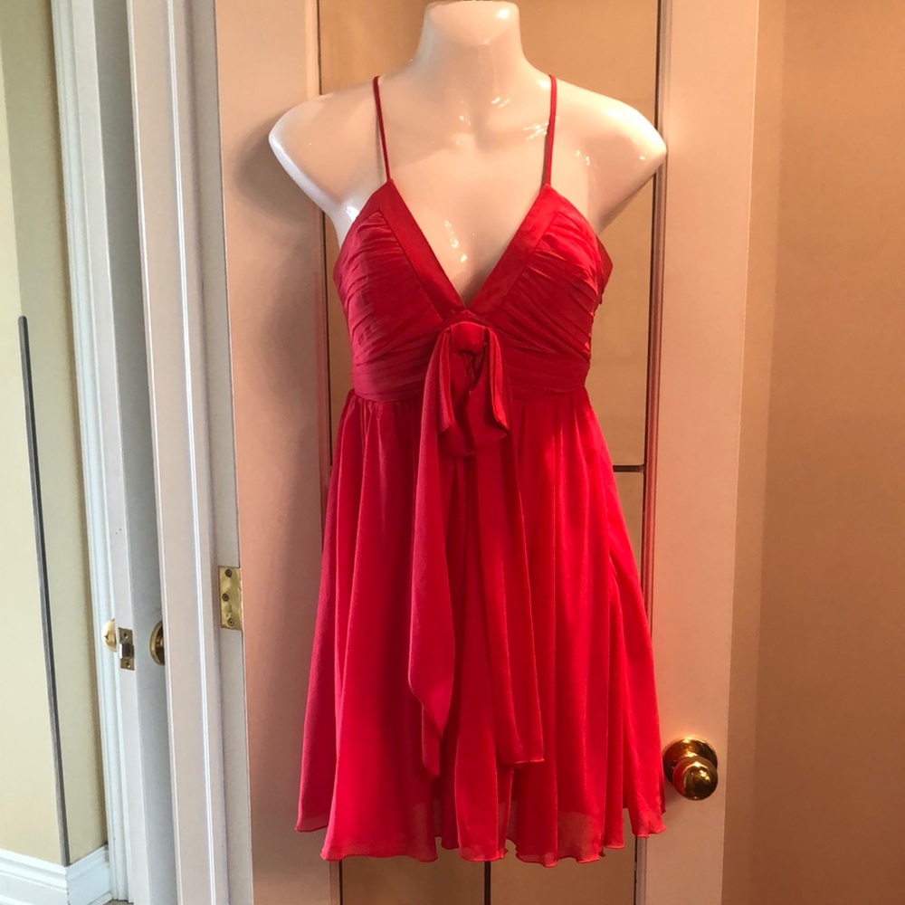 Coral Spaghetti Strap V-Neck Tie-Front Chiffon Dress